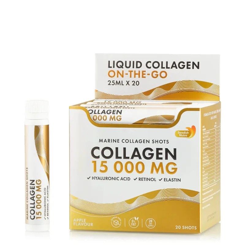 Colagen Marin Hidrolizat Lichid Tip 1 si 3 15.000 mg + Acid Hialuronic 50 mg + Retinol 800 mcg, 25 ml x 20, Swedish Nutra — preț și oferte