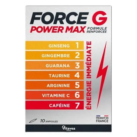 Supliment alimentar pe baza de extracte de plante, vitamina C, aminoacizi si cofeina Force G Power Max, 10 fiole buvabile x 10 ml, Vitavea — preț și oferte