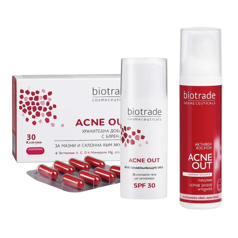 Pachet rutina Biotrade Acne Out – Lotiune activa + Crema reparatoare SPF 30 + Supliment 30 capsule — preț și oferte