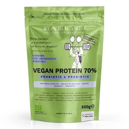 Pudra proteica Bio vegana 70% cu aroma de cookies, 500 g, Republica Bio — preț și oferte