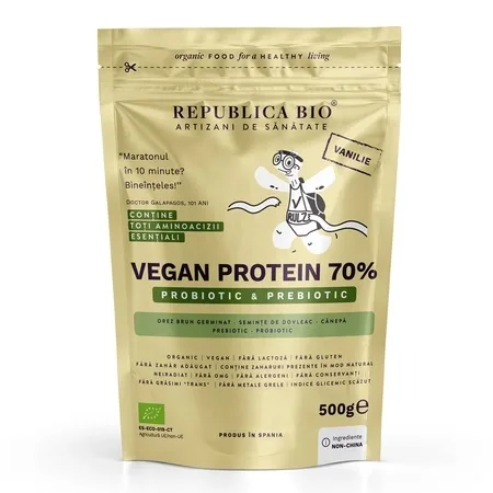 Pudra proteica Bio vegana 70% cu aroma de vanilie, 500 g, Republica Bio — preț și oferte