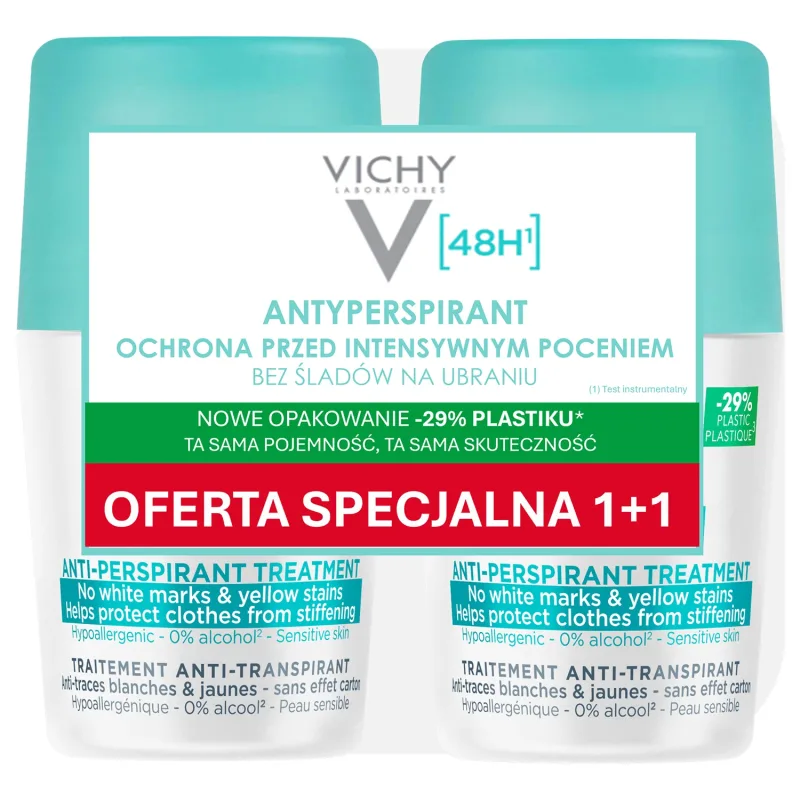 Vichy, antiperspirant roll-on 48h, împotriva urmelor de pe haine, 2 x 50 ml — preț și oferte