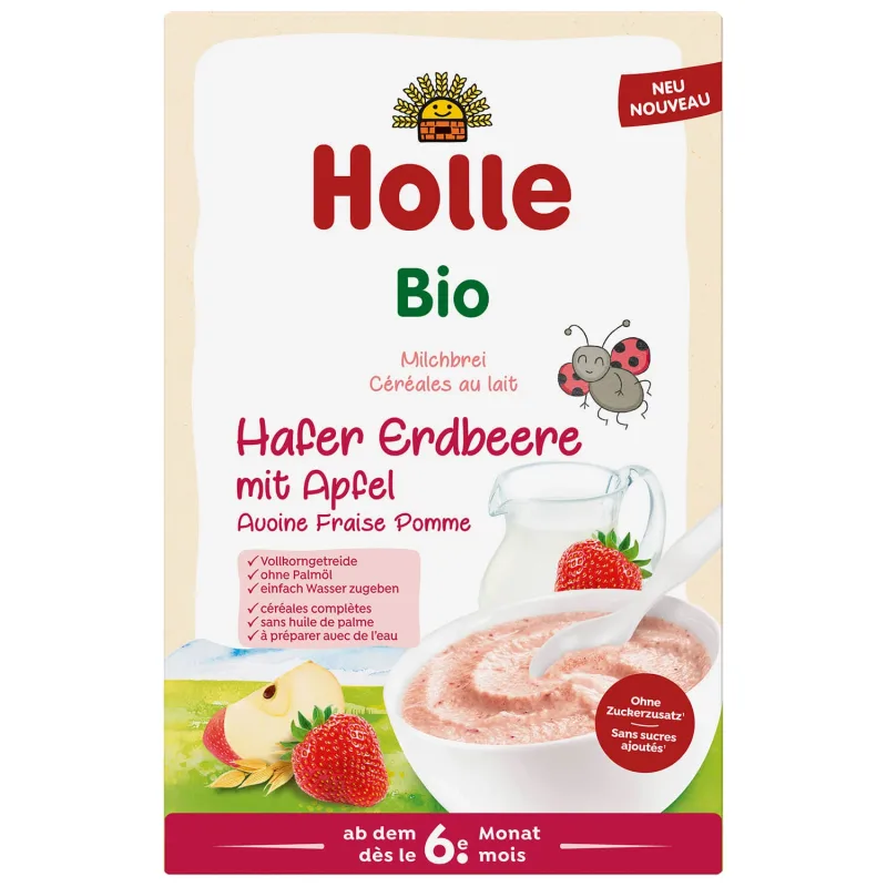 Holle Terci de ovăz Bio, căpșuni, mere, lăptos, de la 6 luni, 250 g — preț și oferte