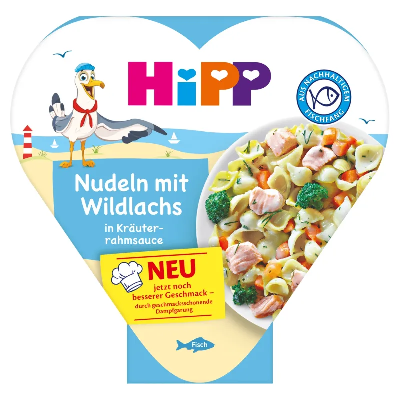 Farfurie HiPP Bio, tăiței cu somon sălbatic în sos de ierburi și smântână, după 1 an, 250 g — preț și oferte