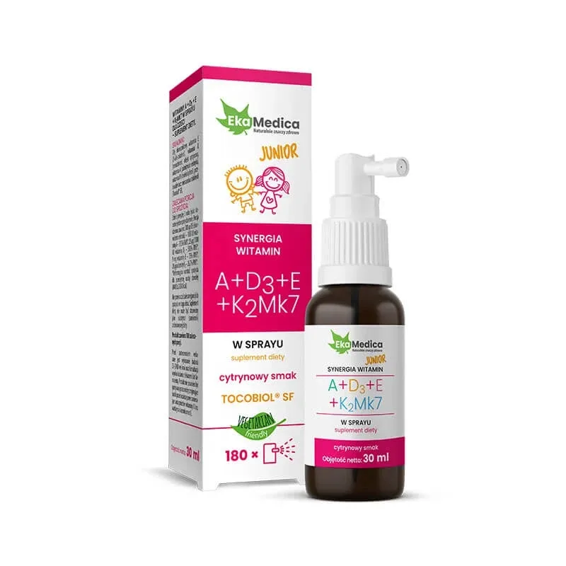 EkaMedica Vitamina A + D3 + E + K2MK7 Junior, spray, aromă de lămâie, de la 3 ani, 30 ml — preț și oferte