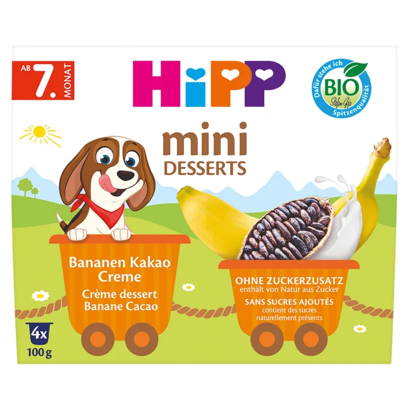 HiPP Mini Dessert Bio, cremă cu banane și cacao, după 7 luni, 4 x 100 g — preț și oferte