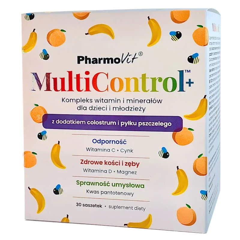 Pharmovit MultiControl+ Complex de vitamine și minerale pentru copii și adolescenți, aromă de banane și piersici, 30 pliculețe — preț și oferte