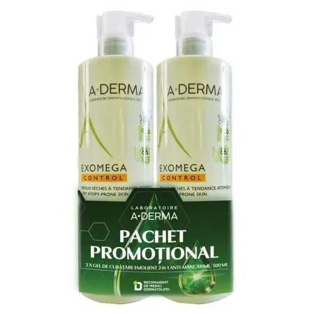 Pachet Gel de dus emoliant 2 in 1 Exomega Control, 500+500 ml, A-Derma — preț și oferte
