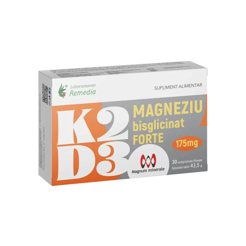 Vitamina K2 + D3 + Magneziu Bisglicinat Forte, 175 mg, 30 comprimate filmate, Remedia Laboratoarele Remedia — preț și oferte