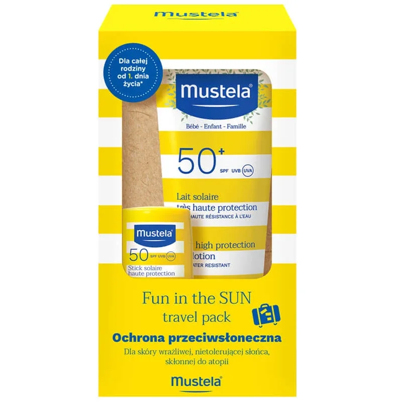 Mustela Sun Fun In The Sun Travel Pack, lapte solar, SPF 50, 40 ml + stick solar, SPF 50, 9 ml — preț și oferte