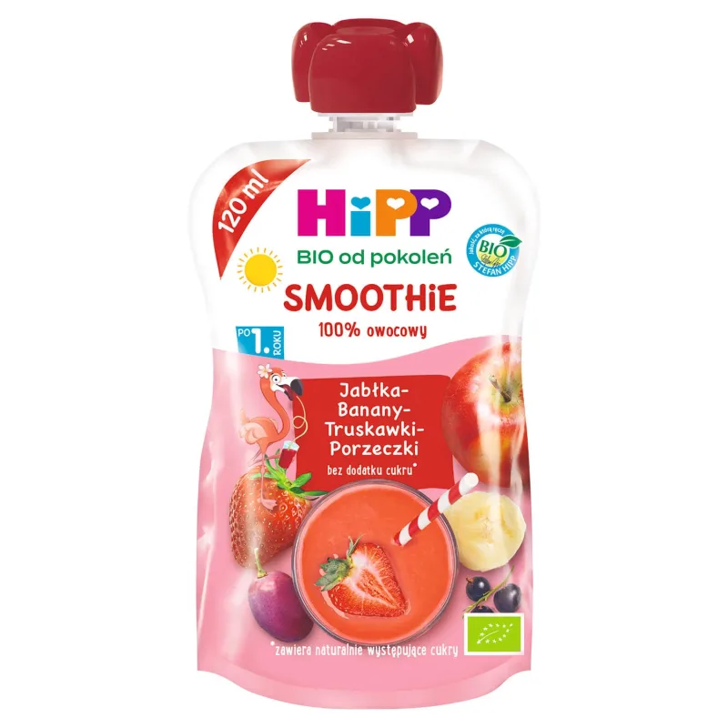 HiPP Smoothie Bio, mere, banane, căpșuni și coacăze, după 1 an, 120 ml — preț și oferte