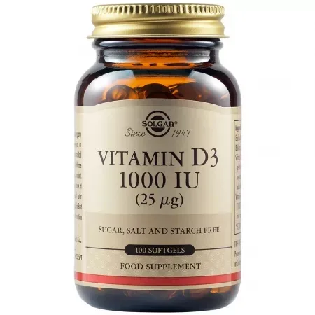 Vitamin D3 1000 UI (25 mcg), 100 capsule moi, Solgar — preț și oferte