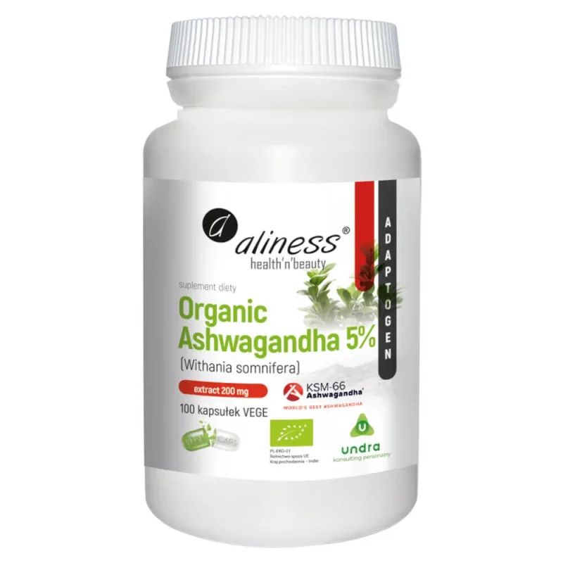 Aliness Organic Ashwagandha KSM-66, 5% vitanolides, 100 capsule vegetale — preț și oferte