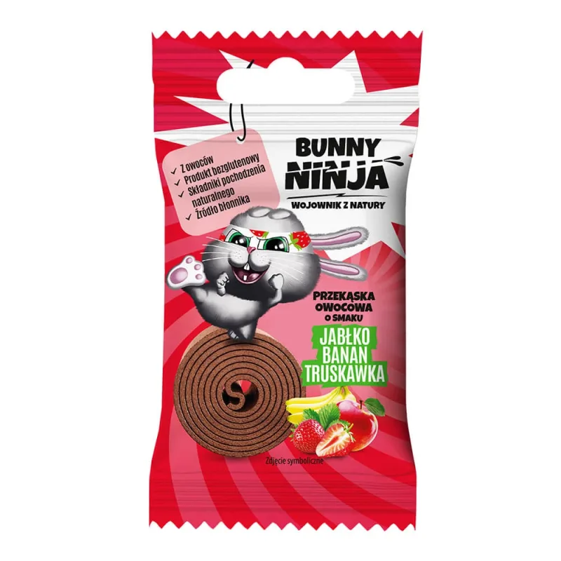 Bunny Ninja Fruit Rolls, gustare cu fructe, aromă de mere, căpșuni și banane, 15 g Merkury — preț și oferte