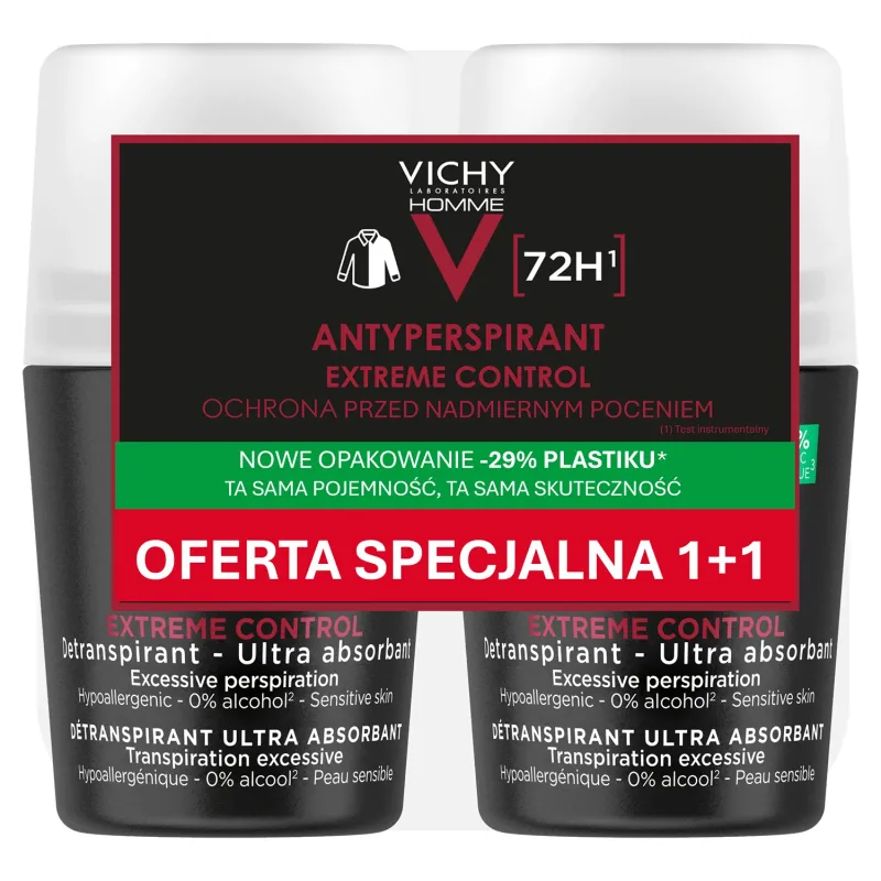 Vichy Homme, roll-on antiperspirant pentru bărbați, protecție 72 de ore, 2 x 50 m — preț și oferte