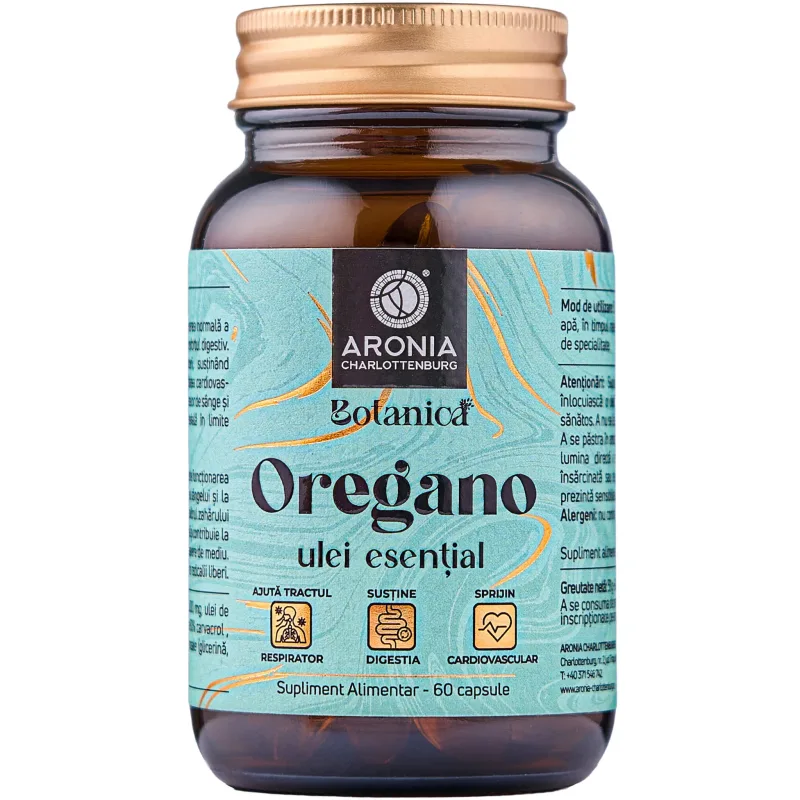 Ulei Esențial de Oregano sălbatic— 60 de capsule cu beneficii pentru tractul respirator, digestie și sistemul cardiovascular | Botanica Aronia Charlottenburg — preț și oferte
