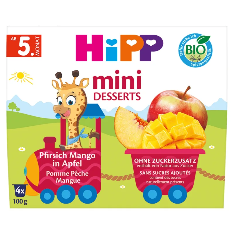 HiPP Mini Dessert Bio, măr, piersică, mango, după 5 luni, 4 x 100 g — preț și oferte