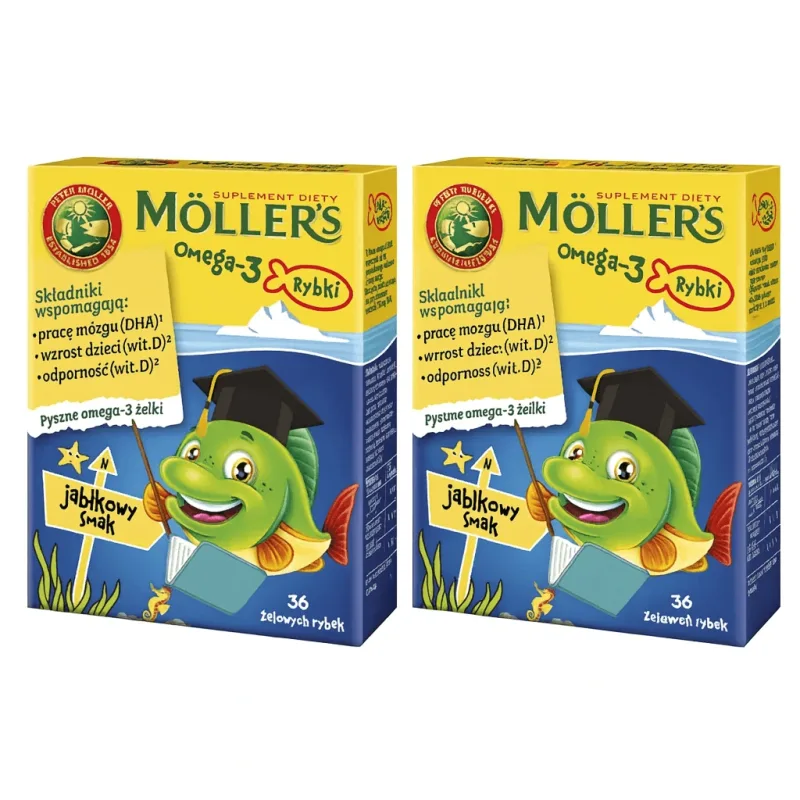 Peștișori gumați cu Omega 3 și aromă de mere, 2x36 jeleuri, Möller's — preț și oferte