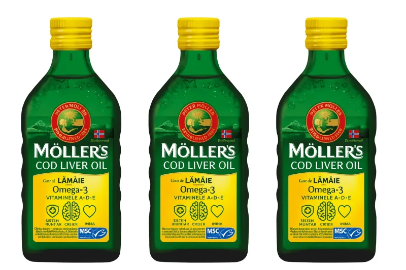 Ulei de ficat de cod cu Omega-3, 3 x 250 ml -  peste 3 ani, aromă de lămâie, Möller's — preț și oferte