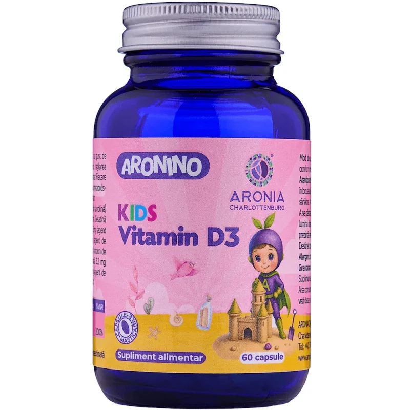 Aronino Kids Vitamin D3 — 60 capsule masticabile care sprijină oasele, dinții, mușchii și imunitatea copiilor Aronia Charlottenburg — preț și oferte