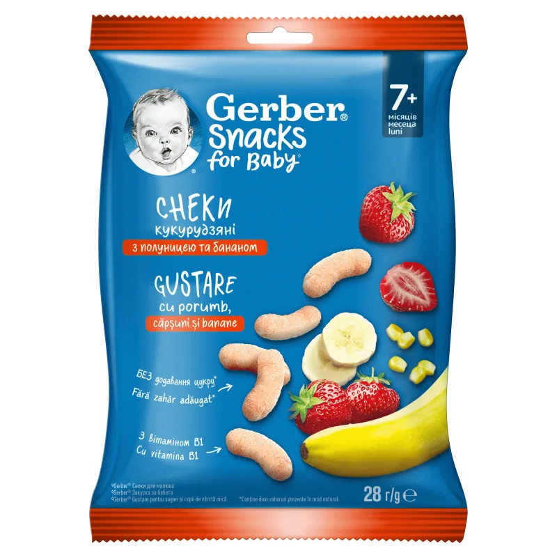 Snacks gustare cu porumb, capsune si banane, +7 luni, 28 g, Gerber — preț și oferte