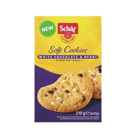 Fursecuri moi fara gluten cu ciocolata alba si fructe de padure, 210 g, Schar — preț și oferte