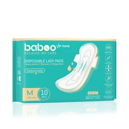 Absorbante postnatale de unica folosinta, Marime M 340 mm, 10 bucati, Baboo — preț și oferte