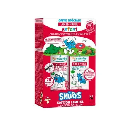 Pachet anti-intepaturi Kids cu spray si roll on calmant Editie Smurfs, 3 ani+, 75 ml + 5 ml, Puressential — preț și oferte