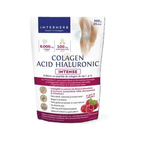 Pulbere Colagen si Acid Hialuronic Intense cu gust de zmeura, 300 g, Interherb — preț și oferte