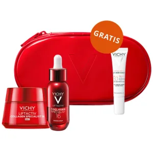 Set Vichy Liftactiv Collagen Specialist, cremă antirid, toate tipurile de ten, 50 ml + ser, 30 ml + fluid ușor SPF 50+, 15 ml + geantă cosmetică gratuită