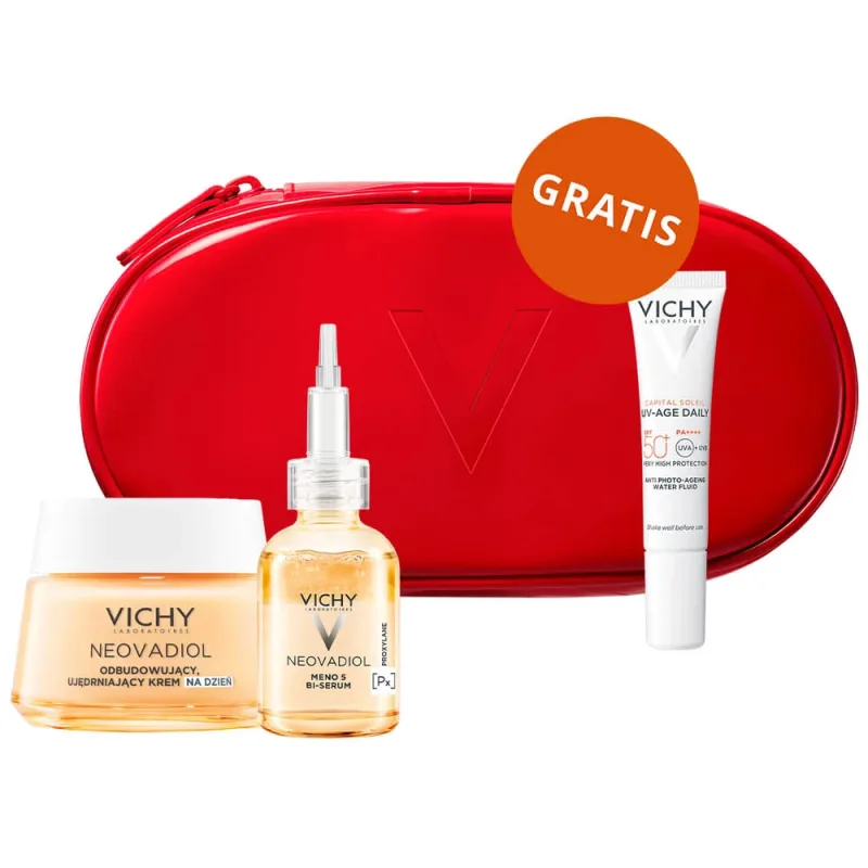 Set Vichy Neovadiol Meno 5, ser bifazic, 30 ml + cremă de zi, ten normal și mixt, 50 ml + fluid ușor SPF 50+, 15 ml + geantă cosmetică gratuită — preț și oferte