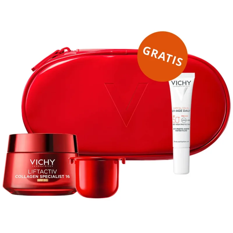 Set Vichy Liftactiv Collagen Specialist 16, Cremă de zi, SPF 50, 50 ml + Cremă de față, Stock, 50 ml + Fluid ușor SPF 50+, 15 ml + geantă cosmetică gratuit — preț și oferte
