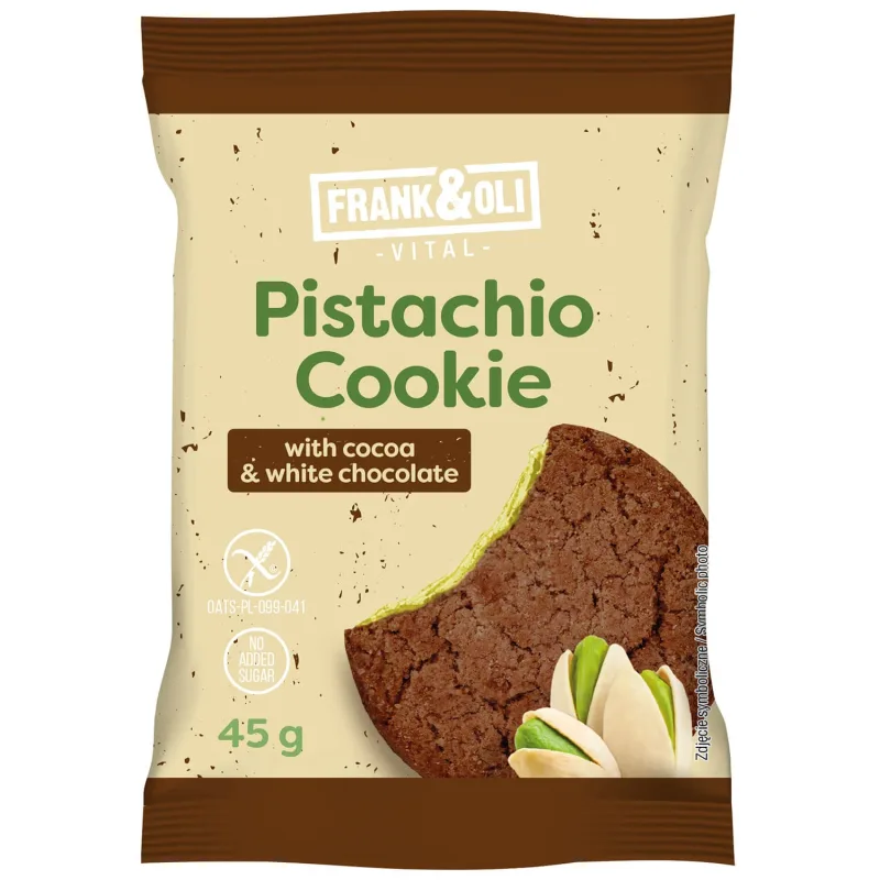 Frank&Oli Pistachio Cookie, cookie moale, cacao și ciocolată albă, 45 g — preț și oferte