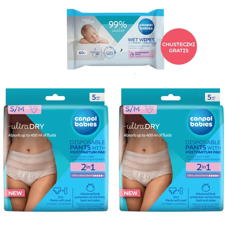Set Canpol Babies, slip postnatal respirabil 2 în 1, cu tampon, de unică folosință, mărimea S/M, 2 x 5 buc + șervețele umede, 60 buc gratuite — preț și oferte