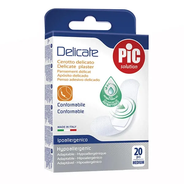 Pic Solution Delicate, pansament din ipsos, antibacterian, mediu, 19 mm x 72 mm, 20 bucăți — preț și oferte