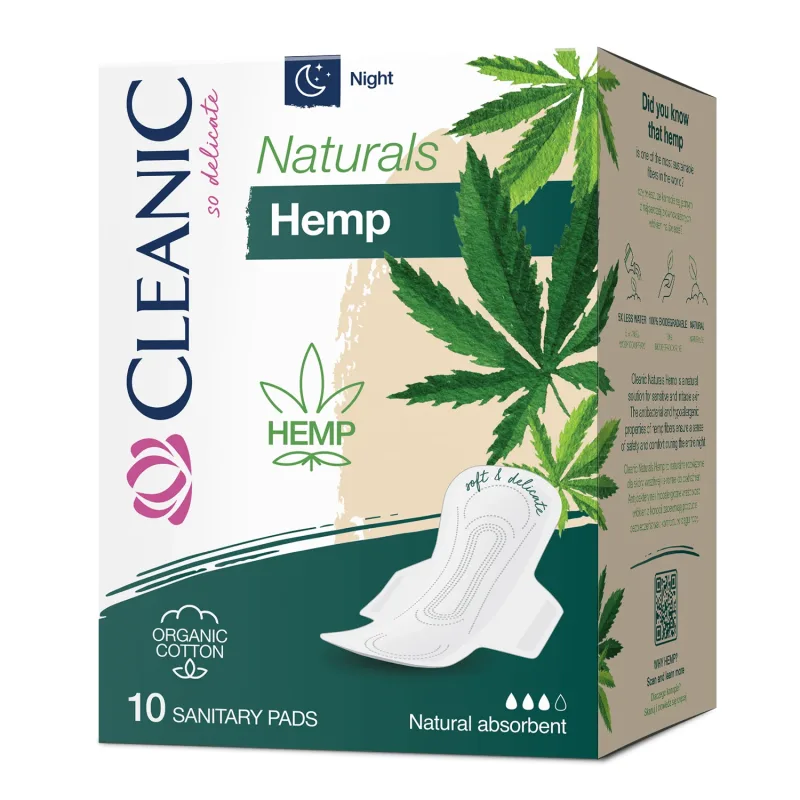 Cleanic Naturals Hemp, prosoape sanitare din bumbac organic și fibre de cânepă, cu aripi, Night, 10 buc — preț și oferte