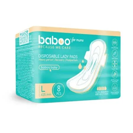 Absorbante postnatale de unica folosinta, Marime L 425 mm, 8 bucati, Baboo — preț și oferte