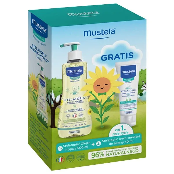 Mustela Stelatopia, ulei de curățare de la naștere, 500 ml + cremă de față emolientă, 40 ml gratuit — preț și oferte
