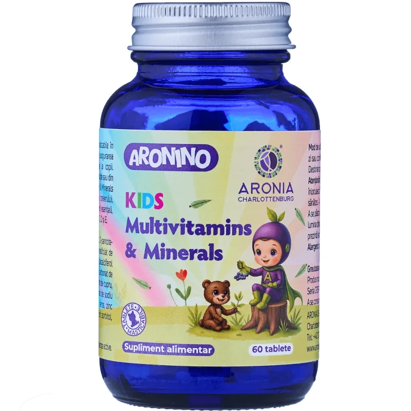 Aronino Kids Multivitamins & Minerals —60 tablete masticabile care oferă copiilor 12 vitamine și 10 minerale esențiale pentru o creștere armonioasă Aronia Charlottenburg — preț și oferte