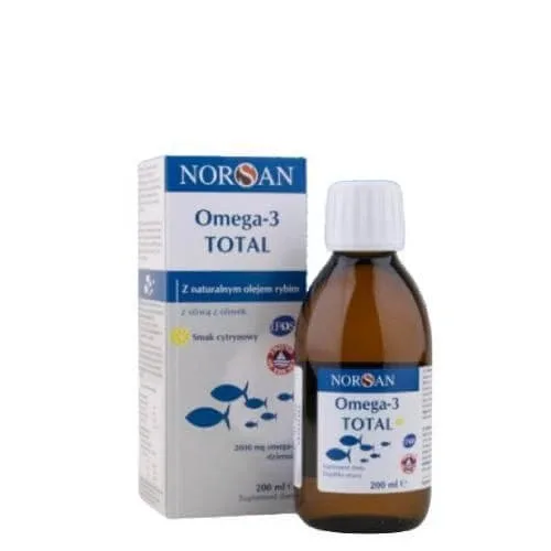 Norsan Omega-3 Total cu ulei de pește natural cu ulei de măsline cu aromă de lămâie lichid, 200 ml — preț și oferte