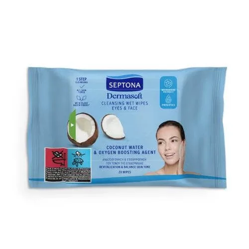 SEPTONA Dermasoft Șervețele umede de curățare cu apă de nucă de cocos pentru față și ochi, 20 buc — preț și oferte