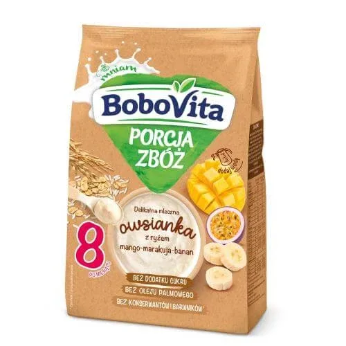 BoboVita Porcja zboża Fulgi de ovăz delicați și lăptoși cu orez mango-maracuja-banană, 210g — preț și oferte