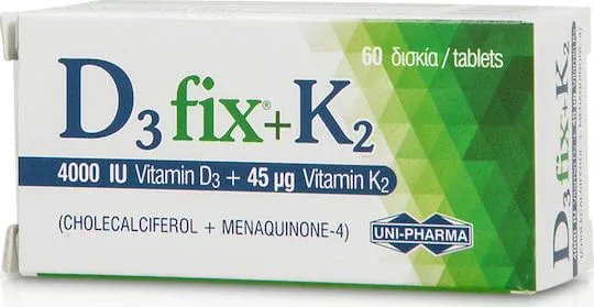 D3 Fix + K2 vitamine pentru întărirea sistemului imunitar & sănătatea oaselor,  60 tablete, Uni-Pharma — preț și oferte