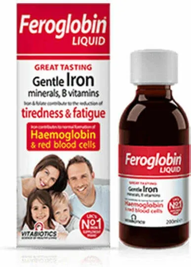 Vitabiotics Feroglobin Fier Lichid cu Vitaminele B și Zinc 200ml Miere Portocală — preț și oferte