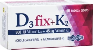 UNI-PHARMA D3 Fix + K2 Vitamina pentru Întărirea Sistemului Imunitar & Sănătatea Oaselor 800iu 45mcg 60 Tablete