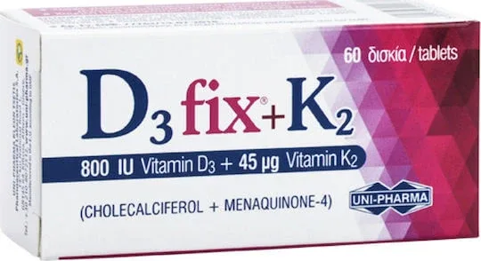 UNI-PHARMA D3 Fix + K2 Vitamina pentru Întărirea Sistemului Imunitar & Sănătatea Oaselor 800iu 45mcg 60 Tablete — preț și oferte
