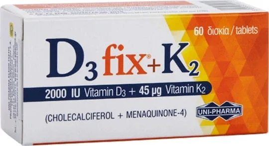 UNI-PHARMA D3 Fix + K2 Vitamina pentru Întărirea Sistemului Imunitar & Sănătatea Oaselor 2000iu 45mcg 60 Tablete — preț și oferte