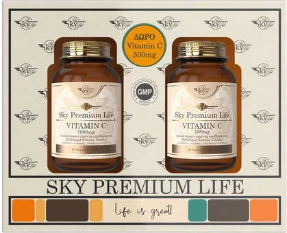 Sky Premium Life Vitamin C 1000mg & Vitamin C 500mg Vitamina 1000mg 60 comprimate & Vitamina C 500mg 60 comprimate pentru Întărirea Sistemului Imunitar, Pielea & Acțiune Antioxidantă — preț și oferte