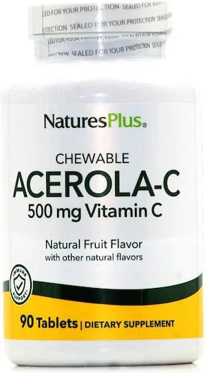 Nature's Plus Acerola-C Vitamina pentru Întărirea Sistemului Imunitar, Pielea & Acțiune Antioxidantă 500mg 90 Tablete