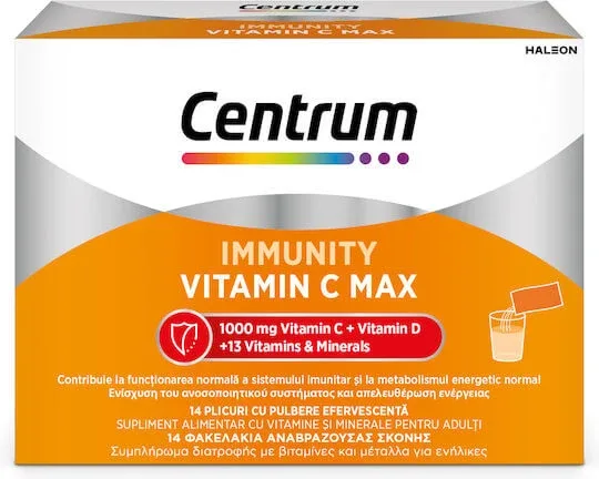 Centrum Immunity Vitamin C Max Vitamina Effervescent Powder pentru Energie, Întărirea Sistemului Imunitar & Pielea 1000mg 14 pliculețe — preț și oferte